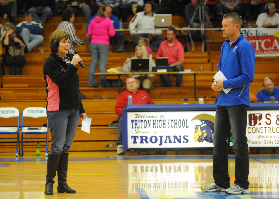 Jessica Oliver, representing Oliver Ford in Plymouth, speaks at the 2014 Hoops For Hope event at Triton. Ford works with the Ounce Of Prevention initiative, to which money from Hoops For Hope will be donated. (File photos by Mike Deak)