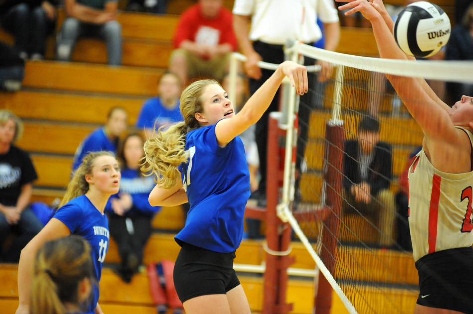 Whitko's Whitney Marsh looks to tip a point past Westview at the Central Noble Volleyball Sectional semi-finals Saturday afternoon. (Photos by Mike Deak)