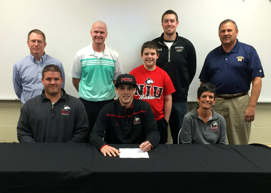Seated with his parents Christine and Larry Hammer, Tippecanoe Valley High School senior Eric Hammer signed his national letter of intent Tuesday to play baseball at Northern Illinois University. In the back row are TVHS administrator Scott Smith, TVHS baseball coach Justin Branock, Indiana Chargers travel baseball coach Justin Barber and TVHS athletic director Duane Burkhart. (Photo by Mike Deak)