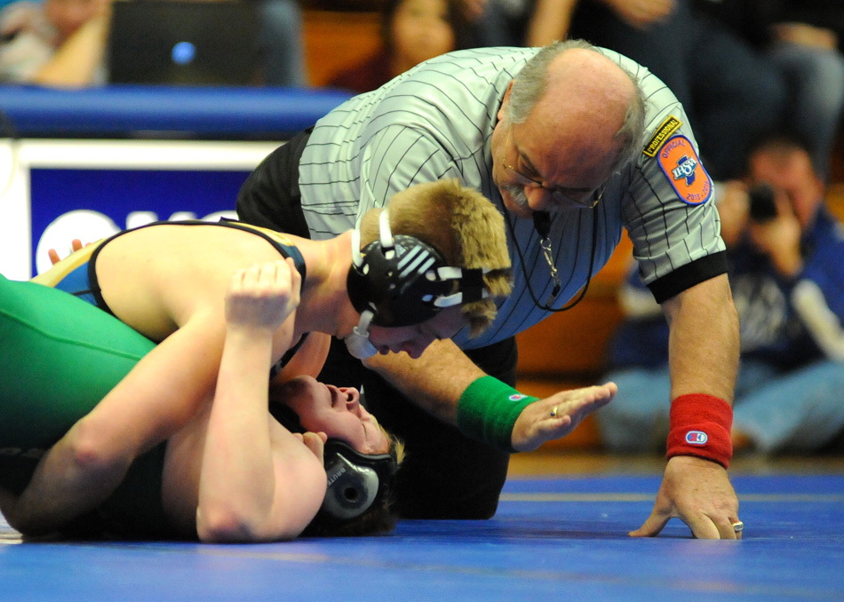 Triton's Nick Harker gets the mat slap to pin Tippecanoe Valley's Dylan Warner Tuesday night. (Photos by Mike Deak)