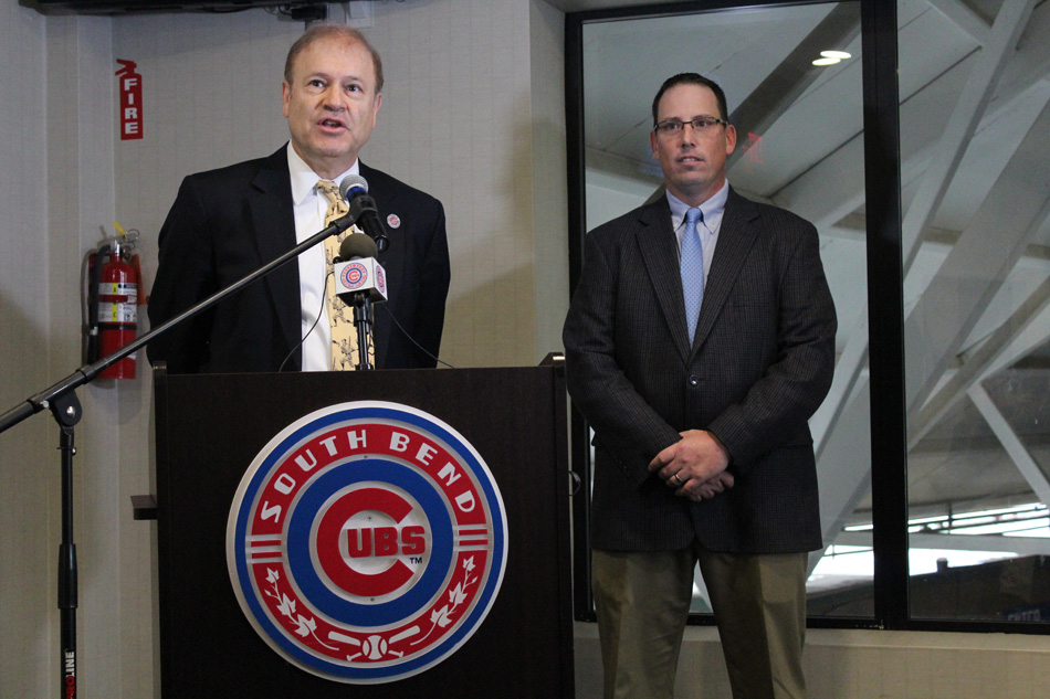 Midwest League President Dick Nussbaum, along with South Bend Cubs President Joe Hart, address the South Bend Cubs' team successes for the 2015 season Wednesday in a gathering at Four Winds Field. (Photos provided by the South Bend Cubs)