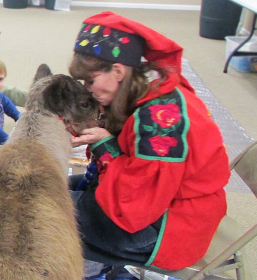 Angie the elf give Yukon the reindeer a kiss on the nose at Milford Public Library reindeer program on December 17. All 75 people attending the program enjoyed meeting Yukon and Angie.