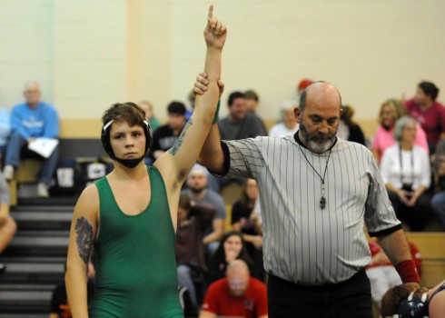 Tippecanoe Valley's Josh Back stands tall after defeating Fairfield's Sheldon Rolston.