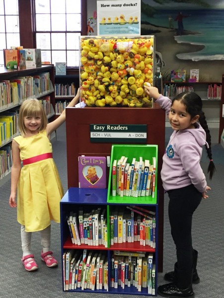 Guess the number of ducks in Children's Services with Abby Babbitt and Marlein Solorio. Children ages 2-14 visiting WCPL during the month of January can enter. Best guess wins a prize. (Photo provided)