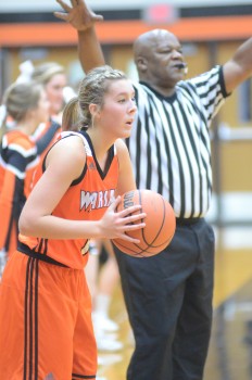 Kenzie Welk looks for a teammate to pass to for the Tigers.