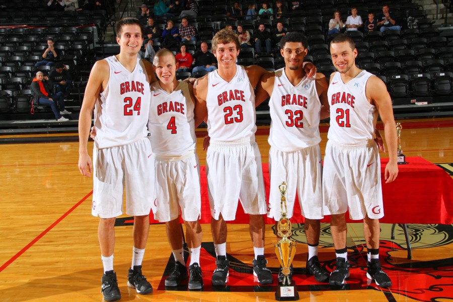 The Grace College men's basketball team is having a stellar season thanks in large part to its senior class. The group (left to right above) includes Kyle Fillman, Logan Irwin, Caleb Featherstone, Brandon Vanderhegghen and Drew Perrin (Photos provided by the Grace College Sports Information Department)