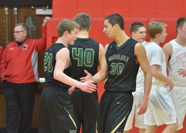 Jairus Boyer (left) and Jayce Boatwright show some appreciation for one another during Friday's loss at Plymouth.