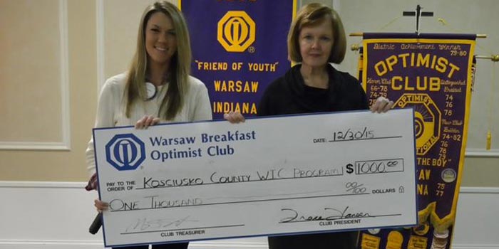 Pictured from left to right are Jen Pyle, representing The Warsaw Breakfast Optimist Club, and Jane Wear, representing WIC, a program of Cardinal Services. (Photo provided)