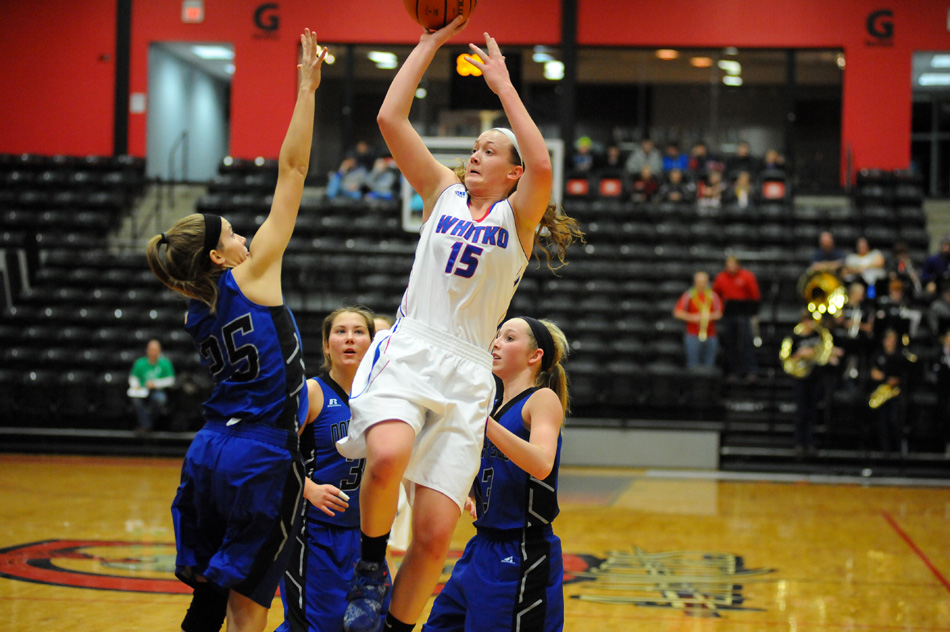Whitko's Aly Reiff rises for a shot attempt against Northfield Saturday night at Grace College. (Photos by Mike Deak)