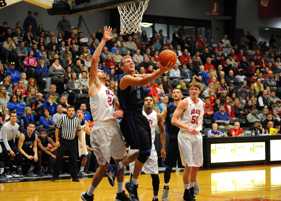 Bethel's Clay Yeo sends up a reverse layup against Grace Saturday afternoon. Yeo scored a game-high 31 points.