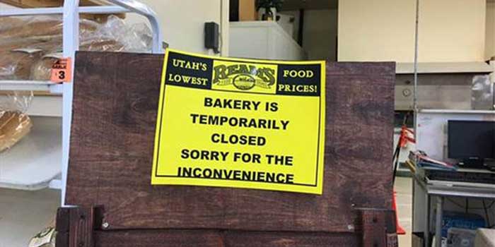 The sign declaring the bakery closed after a terrible accident