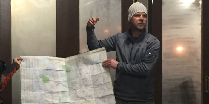 Brett Dickerson at the KCV meeting showing the group his travel route across America on a map (Photo by Michelle Reed)