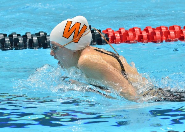 Delaney Wihebrink swims the breast for Warsaw during the 200 medley relay at Friday's state prelims. (Photos by Nick Goralczyk)