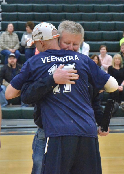 Jason Veenstra shows his appreciation for Steve McNanamara, the man who helped rescue him after an electrical accident last summer. (Photos by Nick Goralczyk)