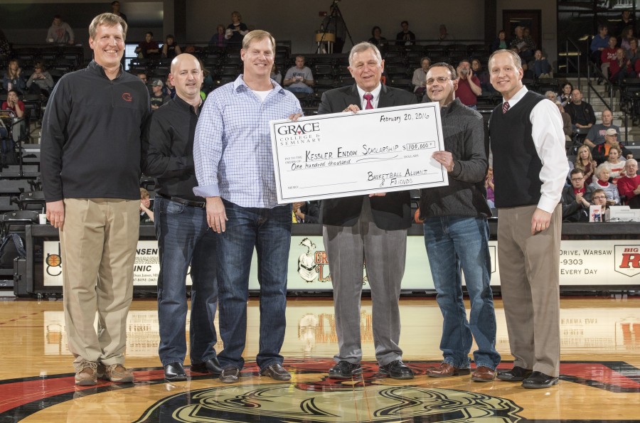 The Grace College men's basketball program unveiled the Kessler Endowed Scholarship on Saturday to honor longtime coach Jim Kessler. Shown above (from left) are Jim Swanson, Bob Jackson, Mike Watson, coach Kessler, Rex Schrader and Chad Briscoe (Photo provided by the Grace College Sports Information Department)