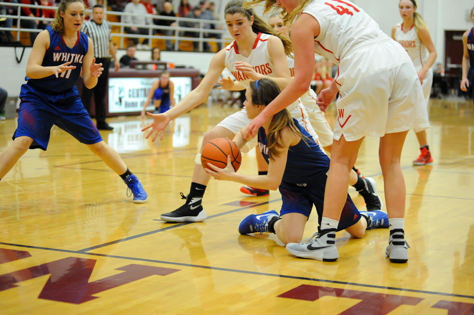 Whitko's Hanna Yohe looks for help after diving on a loose ball against Westview.