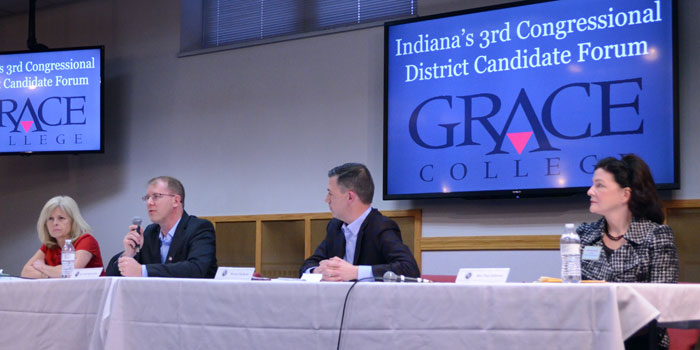 From left, Third Congressional District candidates Liz Brown, Todd Nightenhelser, Jim Banks and Pam Galloway take turns answering questions. (Photo by Amanda McFarland)