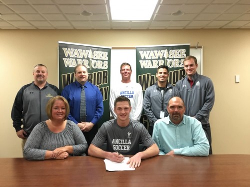 Seated in front, from left, Sonya O'Have, Brock O'Haver and Danny O'Haver. In the back, Wawasee assistant AD Scott Lancaster, Wawasee principal Mike Schmidt, Ancilla head coach David Jacobs, Wawasee head coach Jordan Sharp and Wawasee assistant coach Cory Kuhl. (Photo provided)