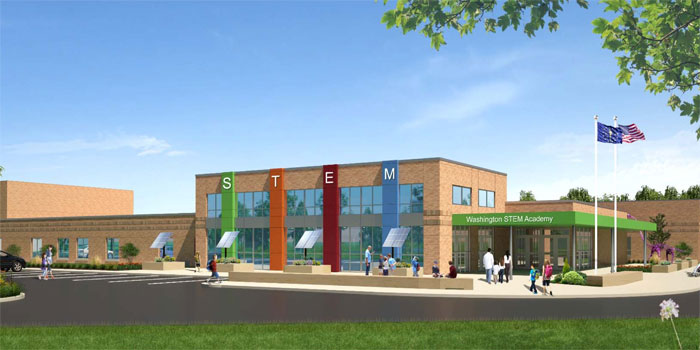 An image of the planned exterior of Washington STEM Academy.