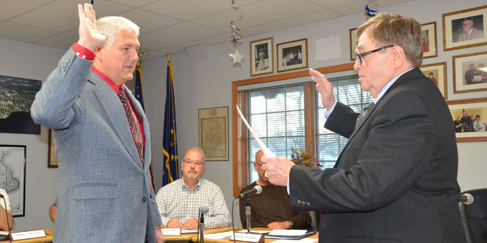 Winona Lake Town Marshal Joe Hawn being sworn in by Town Attorney James Walmer (Photos by Michelle Reed)
