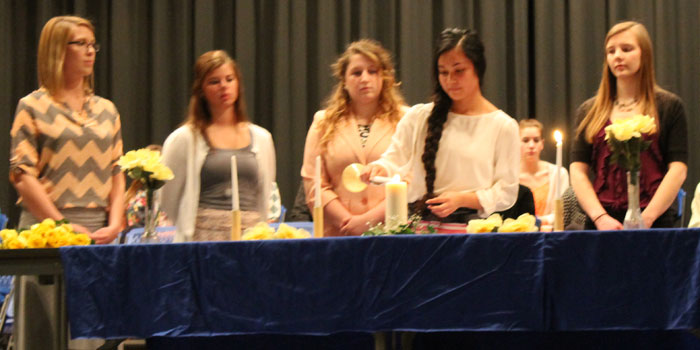 Pictured from left are Triton NHS officers Brooklyn Bitting, Alexis Miller, Brianna Nolin, Heather Stichter, and Brooklyn Beatty, conducting this year's induction ceremony. (Photo provided)
