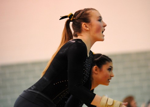 Wawasee's Reagan Atwood and Jada Parzygnot cheer during Ashleigh Frecker's floor routine at the sectional.