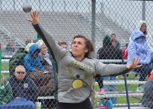 Wawasee's Grace Ondrla makes her second throw during Tuesday's meet with Plymouth and Goshen. (Photos by Nick Goralczyk)