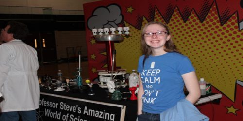 Hannah Yoder was a teen from the Syracuse Library who saw the electrical gadgets that Professor Steve brought to the Wawasee High School. The show was presented by local area libraries along with school PTOs to remind everyone that learning is a lifelong activity.