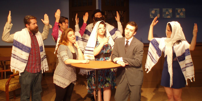 The cast from "First Date" from left;  Brandon Denton, Mandi Corrao, Antoinette Gomez, Brian Fimoff, Emily Reeves. Back: Matthew Huston, Dan Brennan 