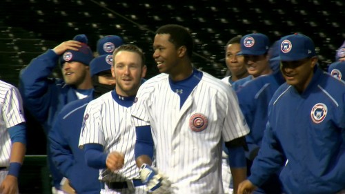 South Bend Cubs outfielder Eloy Jimenez, center, celebrates with teammates after hitting a walk-off home run against . (Photo provided by South Bend Cubs Media Relations)