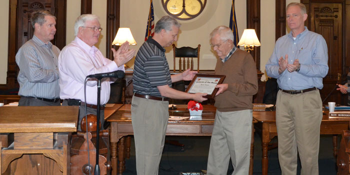 Byron Hunter receiving Veteran of the Month certificate. From left; Kosciusko County Commissioner President Ron Truex; Commissioner Bob Conley; Veteran Affairs Officer Rich Maron; Byron Hunter, veteran of the month and Brad Jackson, vice-president (Photo by Michelle Reed)