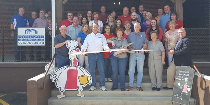 Pictured in front from left are Bob Conley; Ron Truex, president, Crazy Egg Café; Mindy Truex, vice president and operating manager, Crazy Egg Café; Eddie Creighton; Louise Creighton; and Rob Parker, president and CEO, Kosciusko Chamber of Commerce. In the second row are Tracy Nichols, Crazy Egg Café; Stephanie Hapner, Crazy Egg Café; Lauren Baker, Crazy Egg Cafe; Elizabeth Manko, Crazy Egg Café; and Jo Creighton Bodle. In the third row are Jon Garber, Kosciusko County government; Kellie Malcolm; Jane Wear, Cardinal Services; Ashley Bruner, MutualBank; Kosciusko Chamber ambassador; Andrea Cochran, Crazy Egg Café; Jason Price, Crazy Egg Café; Katie Wonderly, Lake City Media, Kosciusko Chamber ambassador; and Lori Busenburg. (Photo provided)