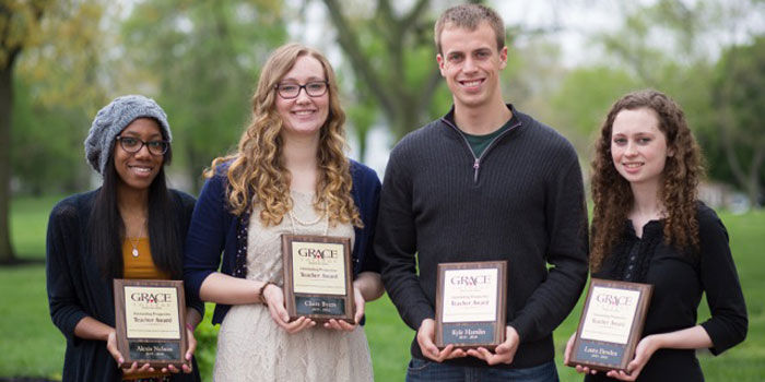 Pictured from left are Grace College 2015-2016 Outstanding Prospective Teacher Award winners: Alexis Nelson, Claire Byers, Kyle Hamlin and Laura Dewlin. (Photo provided)