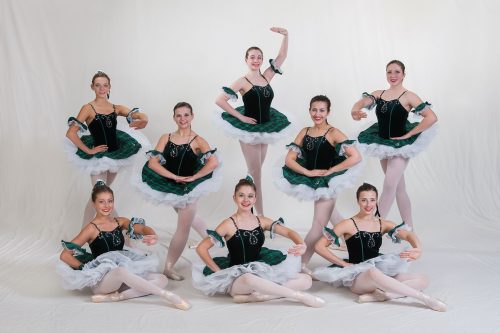 Pictured are dancers performing a pointe piece to The Spirit of Ireland:  (L to R): Seated are MaKenna Leek, Brianna Pitts and Annie Petro. Standing are Rosalyn Miller, Claire Kois, Abby Gibson, Mackenzie Islas and Lenora Norman.