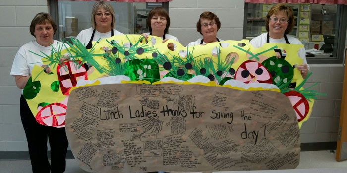 PIctured from left to right are Pierceton lunch lady “superheroes” Mrs. Landrigan, Mrs. Dome, Mrs. Childs, Mrs. Tucker and Head cook, Mrs. Badskey. (Photo provided)