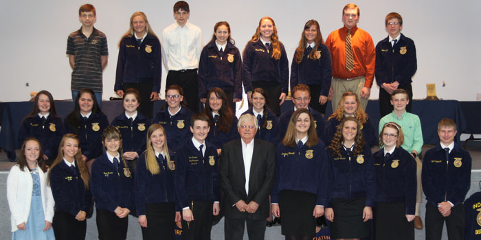 The Triton FFA poses for a photo. In the front row from the left, are Taylor Watkins, Katie Hepler, Katie Lenker, Brooklyn Bitting, State FFA Treasurer Sean Harrington, 2016 Honorary Degree Recipient Daryl Ball, Courtney Horvath, Charlotte Morris, Bacey Baldwin, and Bryce Swihart. In the middle row from the left are Megan Scott, Kaylen Smith, Lyda Scarberry, Kaitlin Bailey, Helen Lemler, Kaylene Slabaugh, Jarred Watson, Cortney Sherow, and Trenton Barnhart. In the back row from the left are Brandon Kitch, Abigail Powell, Merlin Slabough, Lexie Albright, Kacie Pugh, Shaniah Baker, Caleb Lemler and Nathan Long.