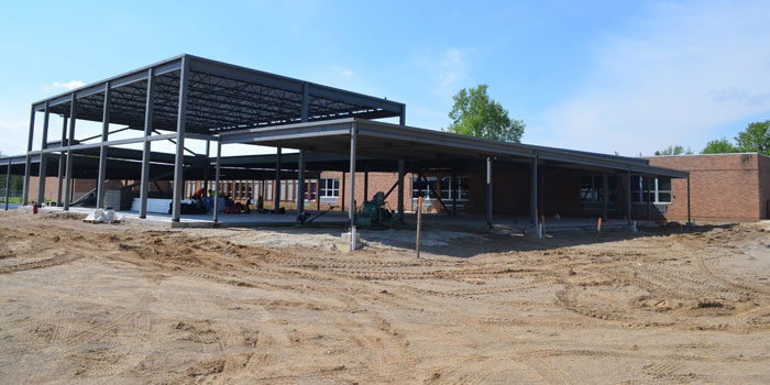The different components of Washington Elementary School's new addition are taking shape. At the far left is new classroom area. The tall portion is the new STEM lab and at the far right is the overhang to the new entrance. (Photos by Amanda McFarland)
