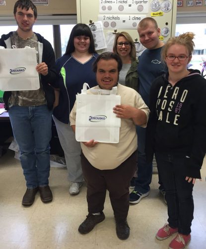 Shown from left, are, Justin Hartman; Rebecca Horn; Justin Hartman; Ms. Glassburn, Whitko Functional Skills class teacher; Jordan Minnick; Kaytlynn Bartel 