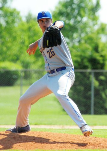 Triton starting pitcher Dylan Hensley delivers to Fort Wayne Blackhawk.