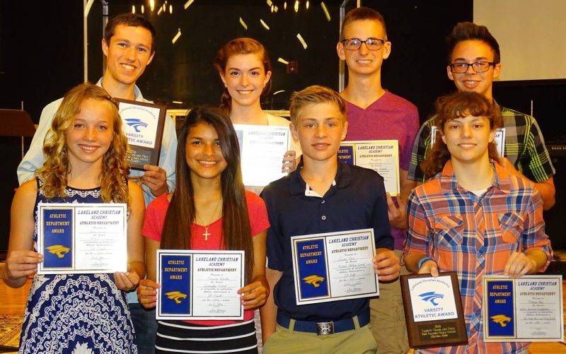 Lakeland Christian Academy honored athletes from its spring sports recently. In front (from left) are Sadie Lemon, Normita Bonilla, Landon Paris and Melissa Goss. In back are Alex Plastow, Carlie Wise, Sam Tuner and Matthew Helton. Not pictured is Luke Miller (Photo provided)