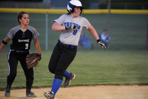 Triton's Kacie Pugh takes a look after reaching second base against LPC.
