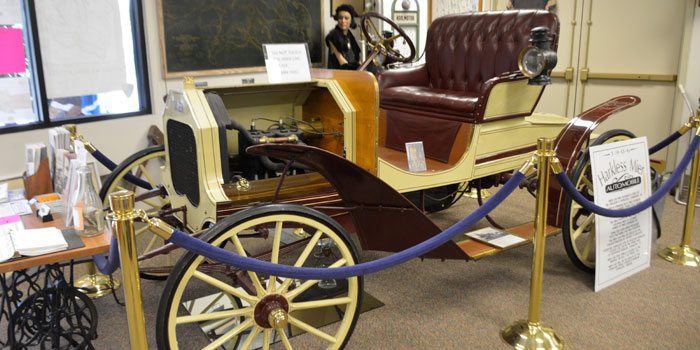 A 'Horseless Carriage' designed by a Syracuse man by the name of Mier Sheldon. Only 10 of the carriages were ever made, and this is the only surviving one. It was constructed in 1906.