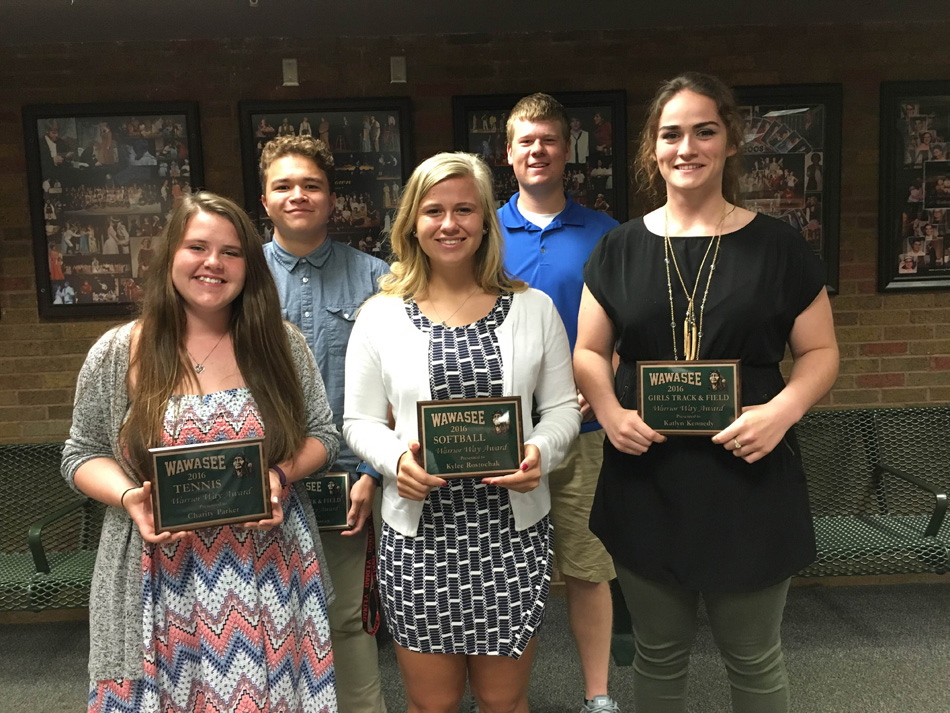 Wawasee High School issued its spring sports awards Monday evening. Among the awards were the Warrior Way winners. In the front row are, from left, Charity Parker, girls tennis; Kylee Rostochak, softball; and Katlyn Kennedy, girls track. In the back row are Dylan Elpusan, boys track; and Gavin Bontrager, baseball. Not pictured is Cameron Adams, boys golf. (Photo provided)