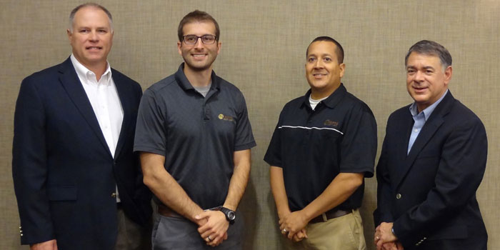 Pictured from left are Joe Horner, agricultural economist, University of Missouri; Seth Thompson and Jeremy Bender, Interra agribusiness lenders; and Dr. Freddie Barnard, professor, Purdue University. (Photo provided)