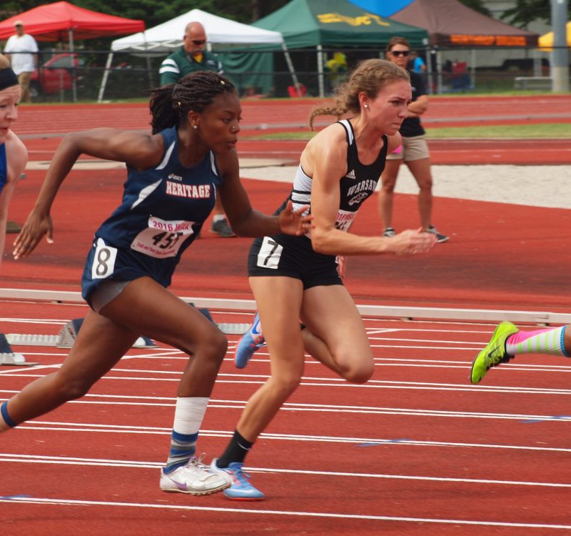 Audrey Rich takes off in the 100 trials at the State Finals Friday night. The Warsaw star helped her 4 X 100 relay team place seventh and the 4 X 400 relay team set a new school record.