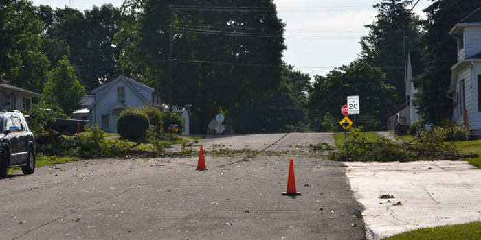 Tree limbs and a power line are down across Sycamore Street near the intersection of Jefferson, Silver Lake. (Photos by Amanda McFarland)