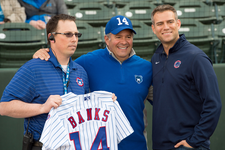 The Chicago Cubs have extended the contract with the South Bend Cubs for three more years. In the photo are South Bend team president Joe Hart, South Bend owner Andrew Berlin and Chicago Cubs CEO Theo Epstein. (Photo by Matt Cashore)