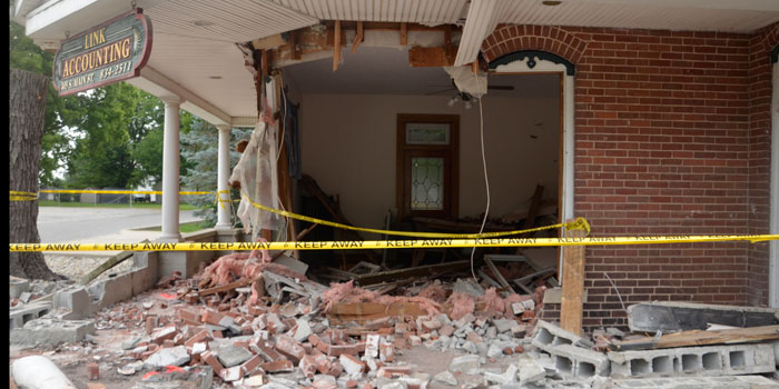 Front of Link Accounting on 405 S. Main St., North Webster after the July 27 crash (Photos by Michelle Reed)