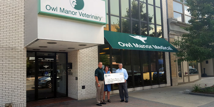 Pictured from left are Mark Schindel, Owl Manor Medical; Karla Leach, Owl Manor Medical; and Rob Parker, Kosciusko Chamber of Commerce, WCDC. (Photo provided)