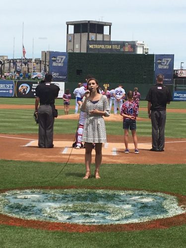 Wawasee High School student Alexandra Fiscus sang the national anthem Sunday before the start of the South Bend Cubs game against Bowling Green. (Photo courtesy of Paula Fiscus)